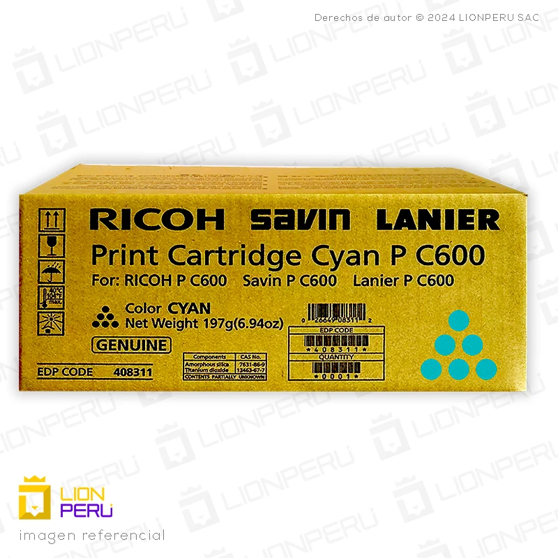 Toner Ricoh P C600, 408311 Original Cartucho Cyan