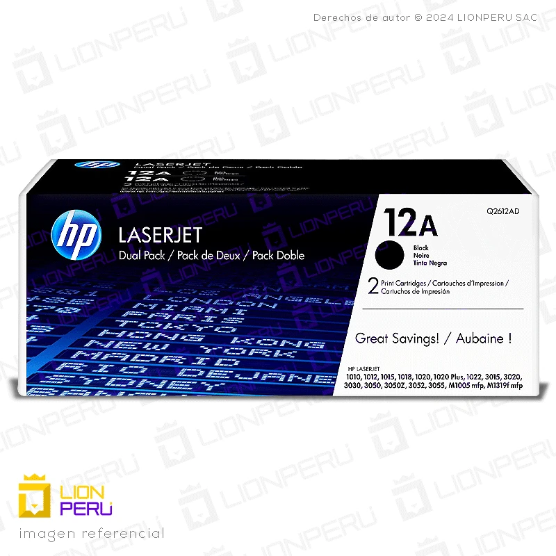 Toner HP 12AD, Q2612AD Cartucho Original Negro