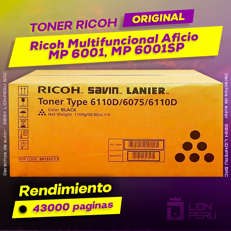 Toner Ricoh MP 6001, MP 6001SP Multifuncional Aficio Cartucho Original