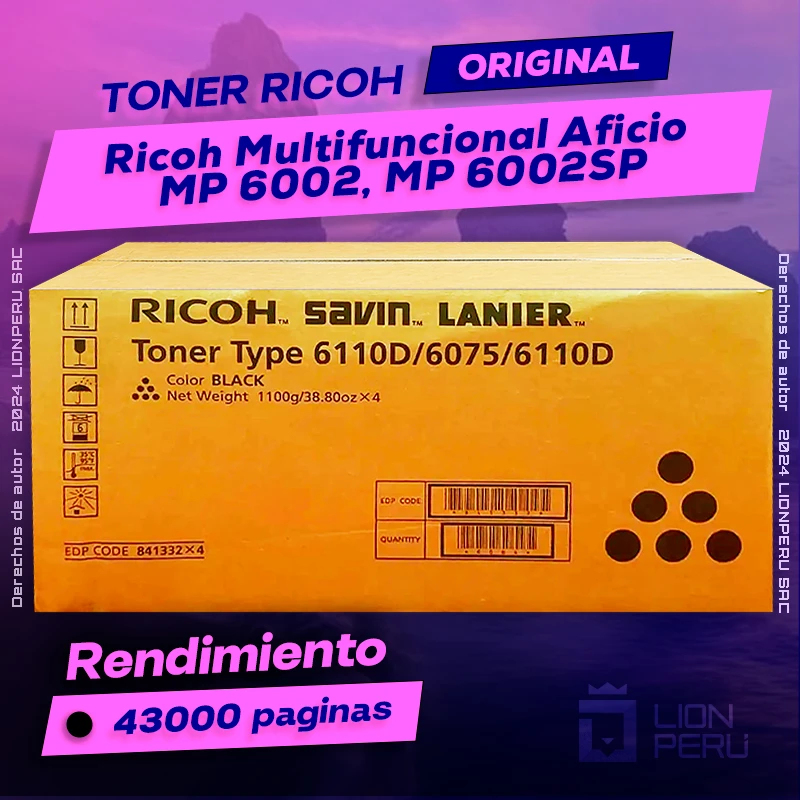 Toner Ricoh MP 6002, MP 6002SP Multifuncional Aficio Cartucho Original